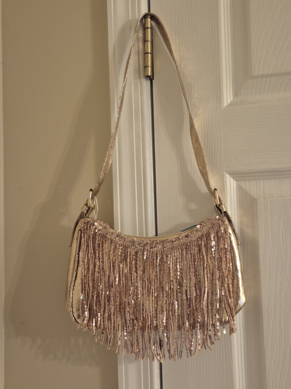 Sequin Fringe Mini Shoulder Bag in Rose Gold